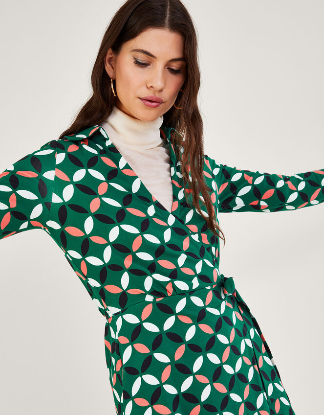 Geometric Print Jersey Wrap Dress, Green (GREEN), large
