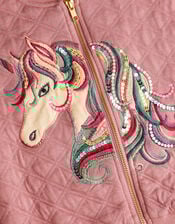 Embellished Unicorn Quilted Bomber Jacket, Pink (PINK), large