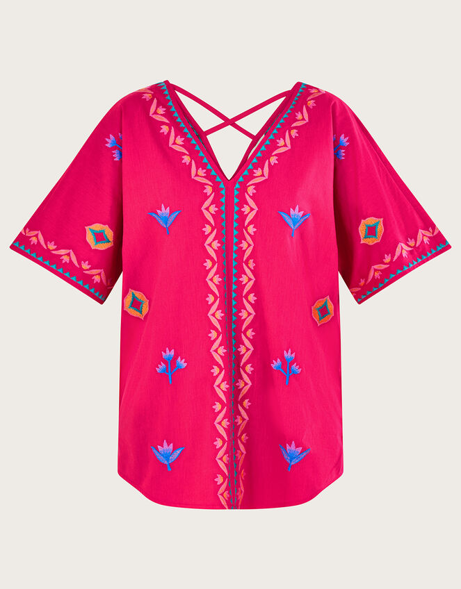 Drop Sleeve Embroidered Top, Pink (PINK), large