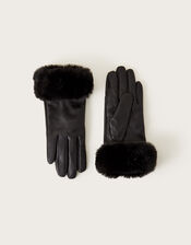 Fur Trim Leather Gloves, Black (BLACK), large