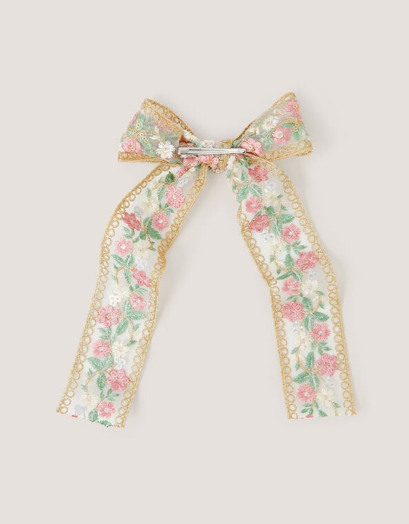 Floral Embroidered Bow Hair Clip, , large