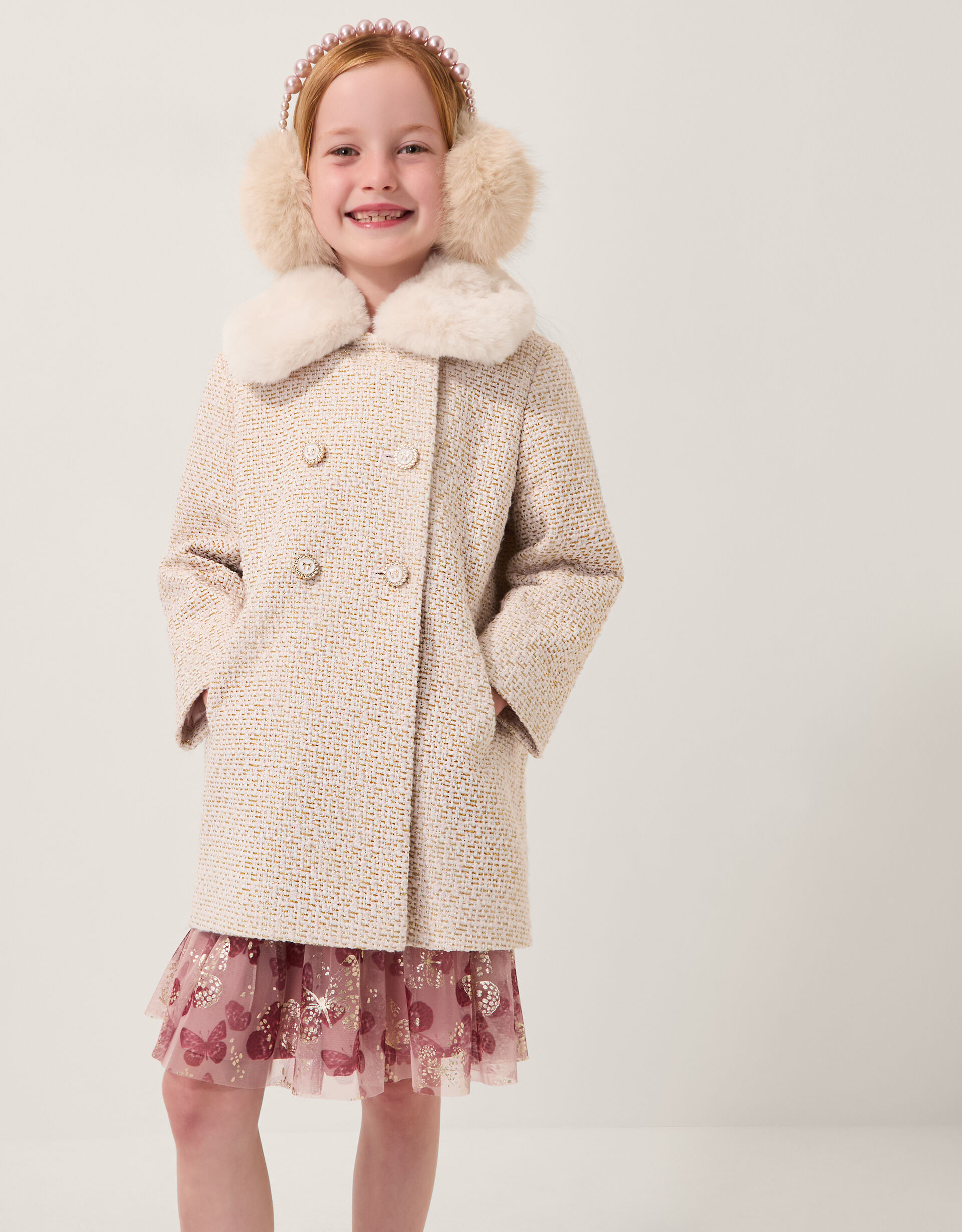 Detachable Collar Tweed Coat Cream