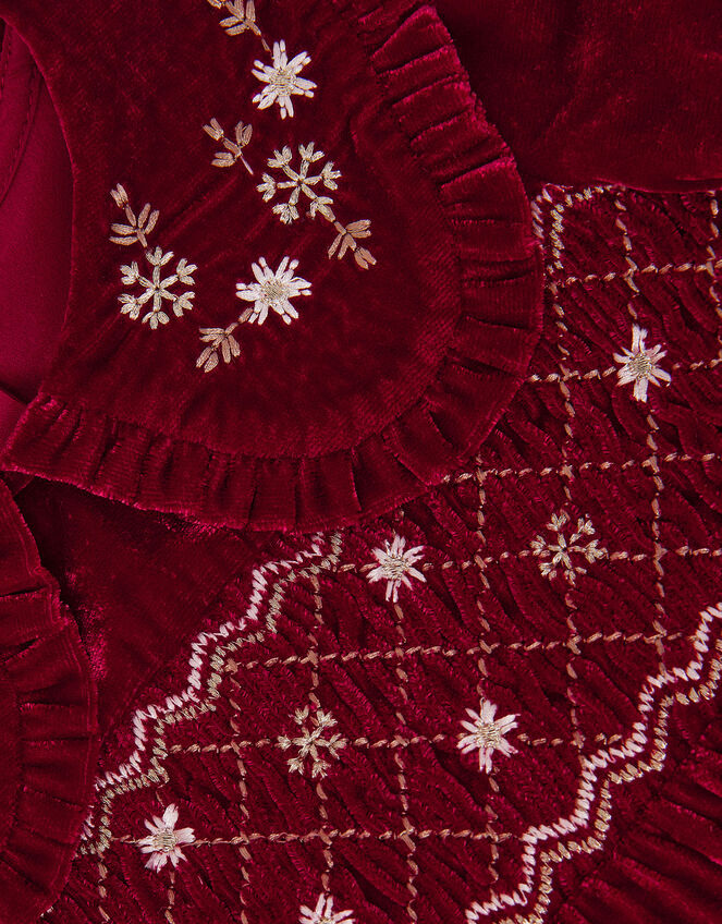 Baby Floral Embroidered Velvet Dress, Red (BURGUNDY), large