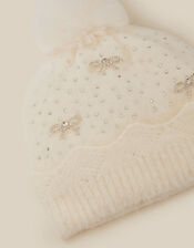 Sparkle Bow Beanie Hat, Ivory (IVORY), large