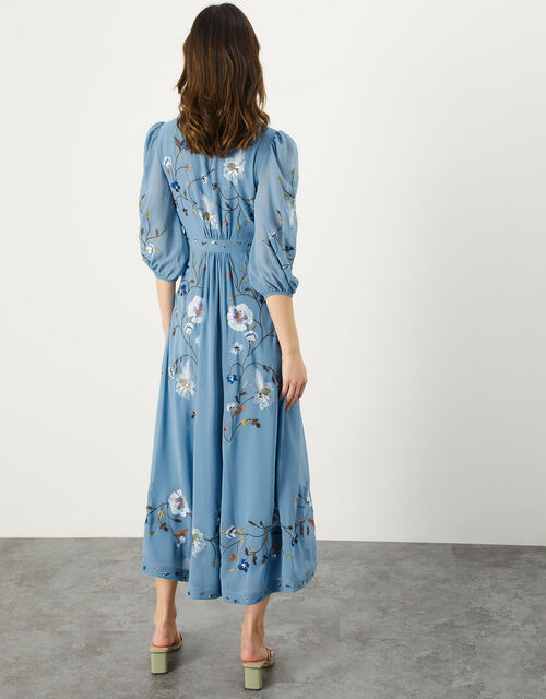 Willa Embroidered Wrap Dress in Recycled Polyester, Blue (BLUE), large