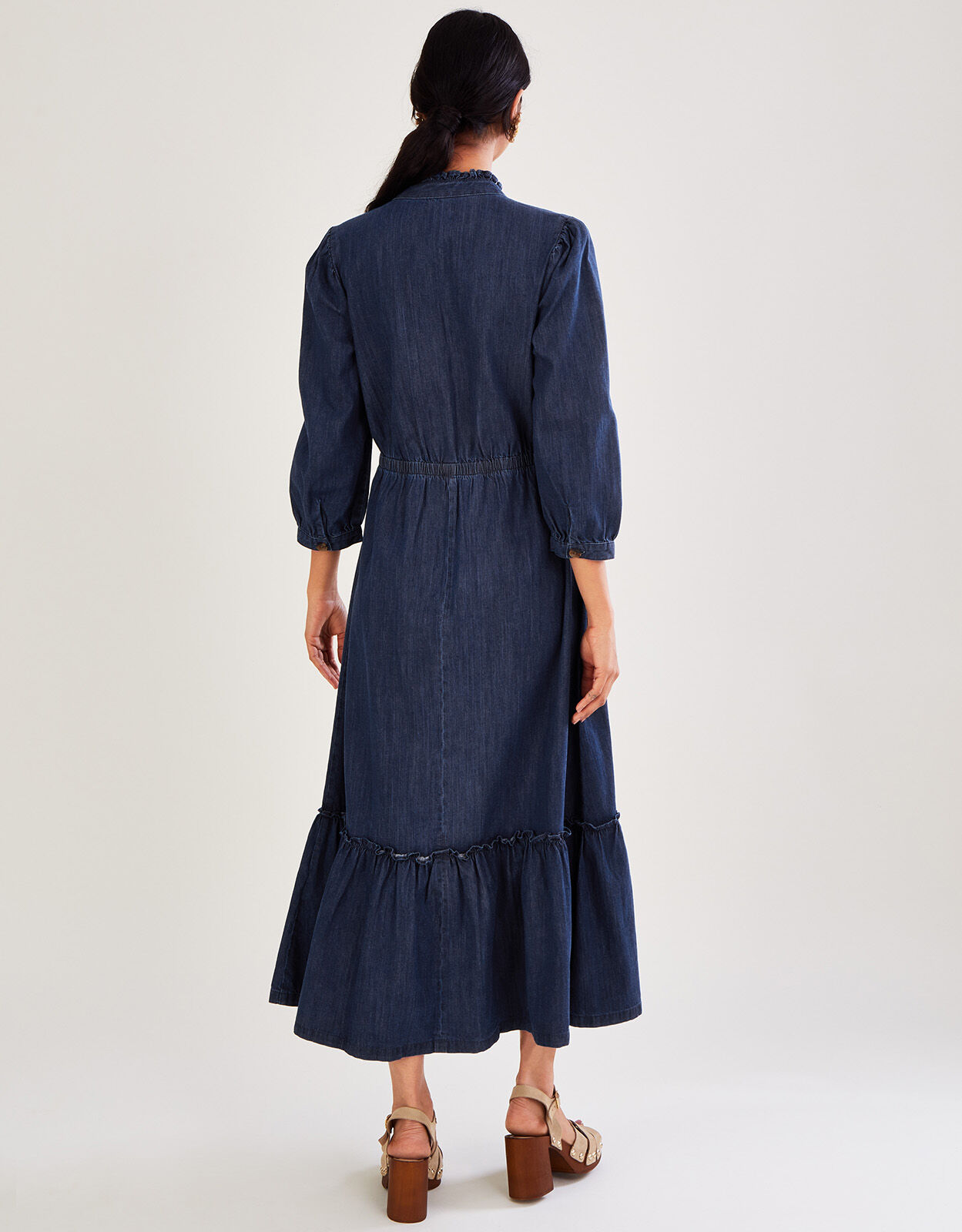 Denim Pintuck Tiered Midi Dress Blue