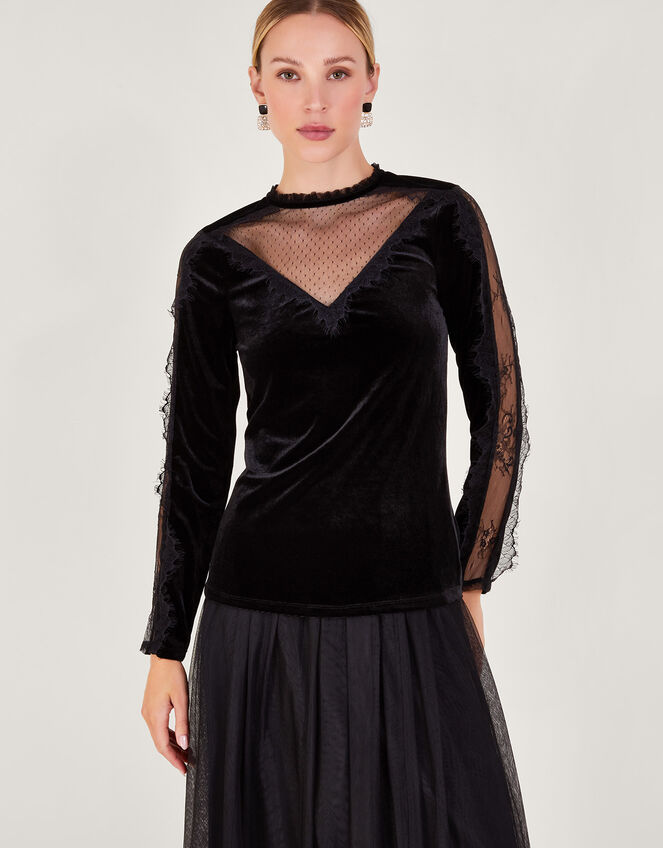 Vanya Lacy Velvet Long Sleeve Top, Black (BLACK), large