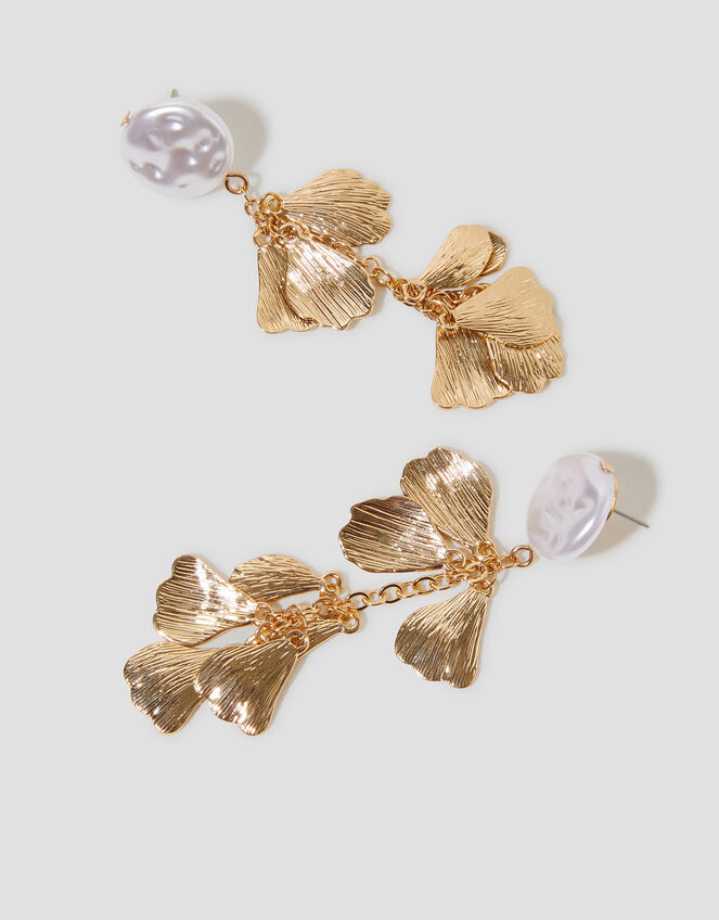 Pearl Chain Leaf Drop Earrings, , large