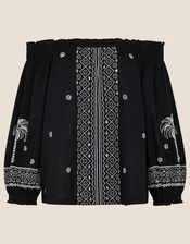 Palm Embroidered Off-Shoulder Top, Black (BLACK), large
