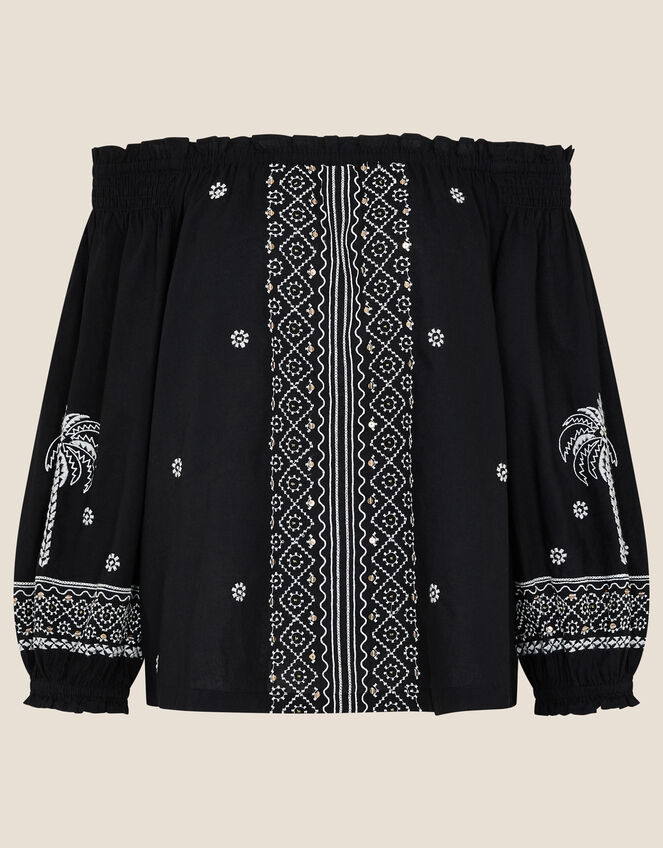 Palm Embroidered Off-Shoulder Top, Black (BLACK), large
