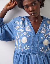 East Floral Embroidered Denim Midi Dress, Blue (BLUE), large
