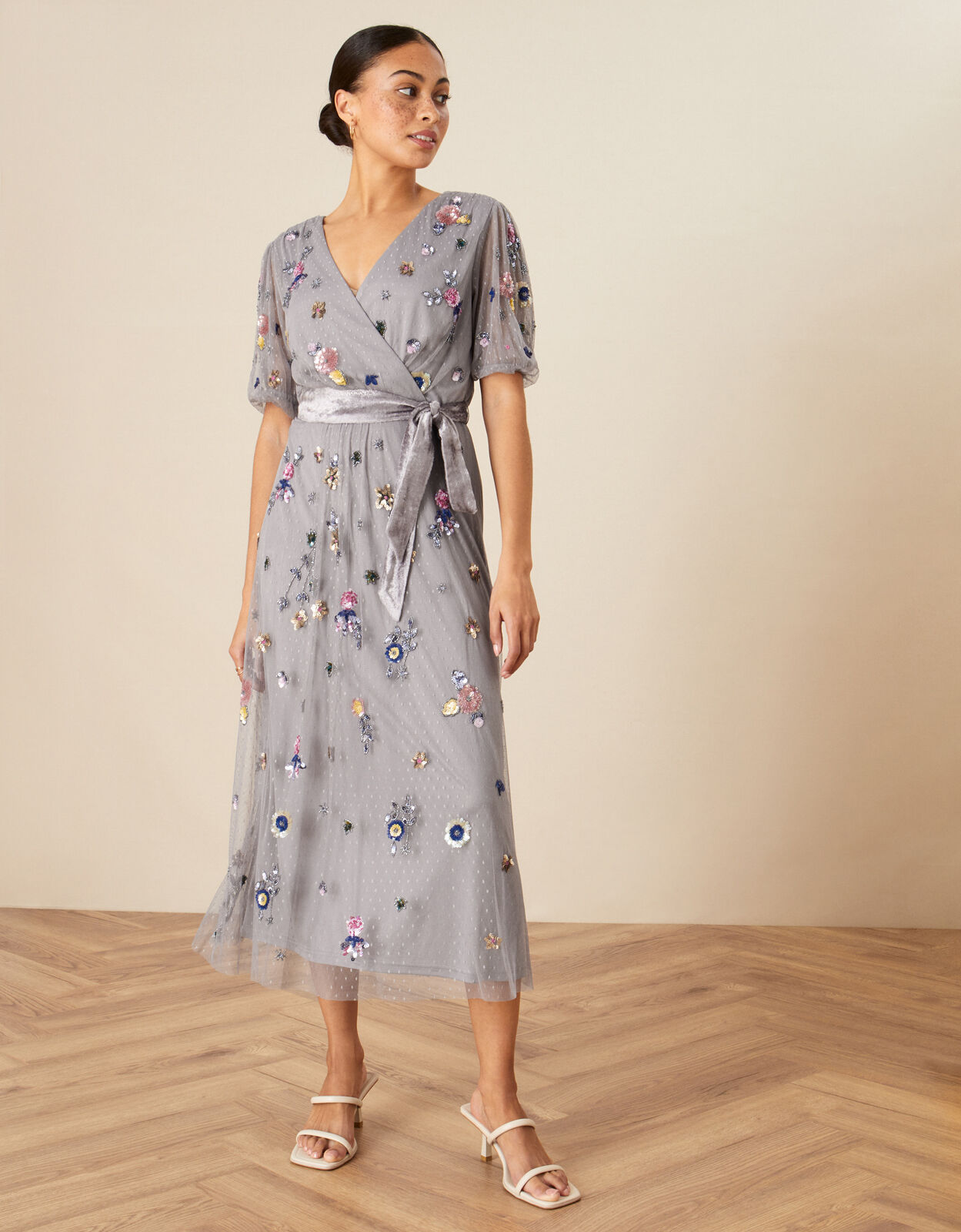 Rosalie Embellished Midi Dress Grey Dresses Monsoon UK