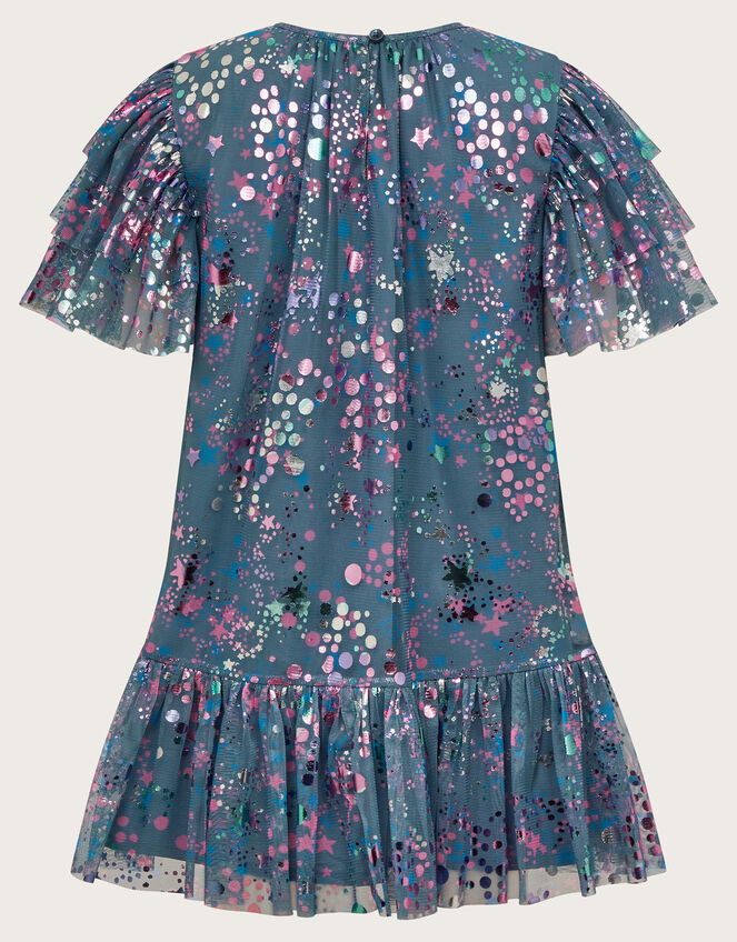 Frilly Sleeve Metallic Print Mesh Dress, Grey (GREY), large