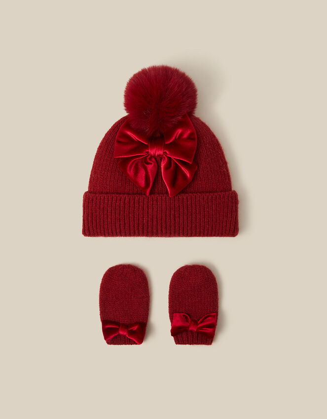 Baby Bow Beanie Hat & Mittens Set, Red (RED), large