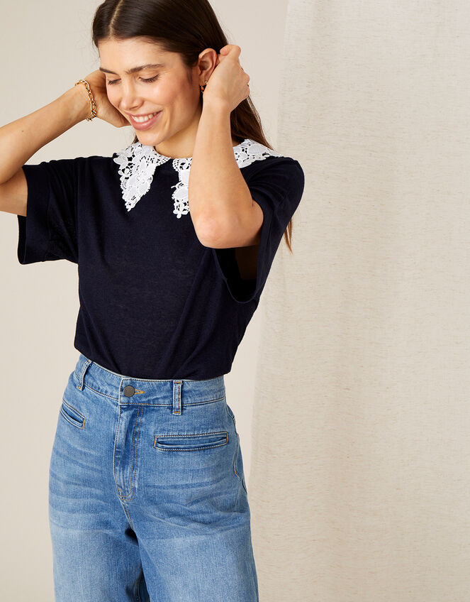 Short Sleeve Collar Jumper in Linen Blend, Blue (NAVY), large