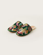 Camilla Bird Embroidered Slippers, Green (GREEN), large