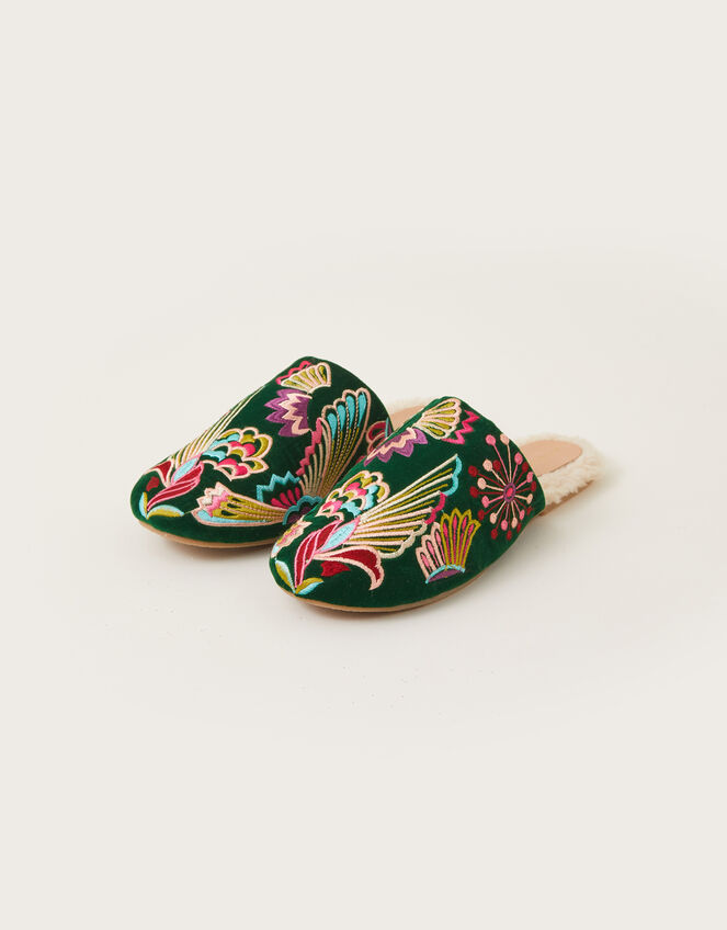 Camilla Bird Embroidered Slippers, Green (GREEN), large