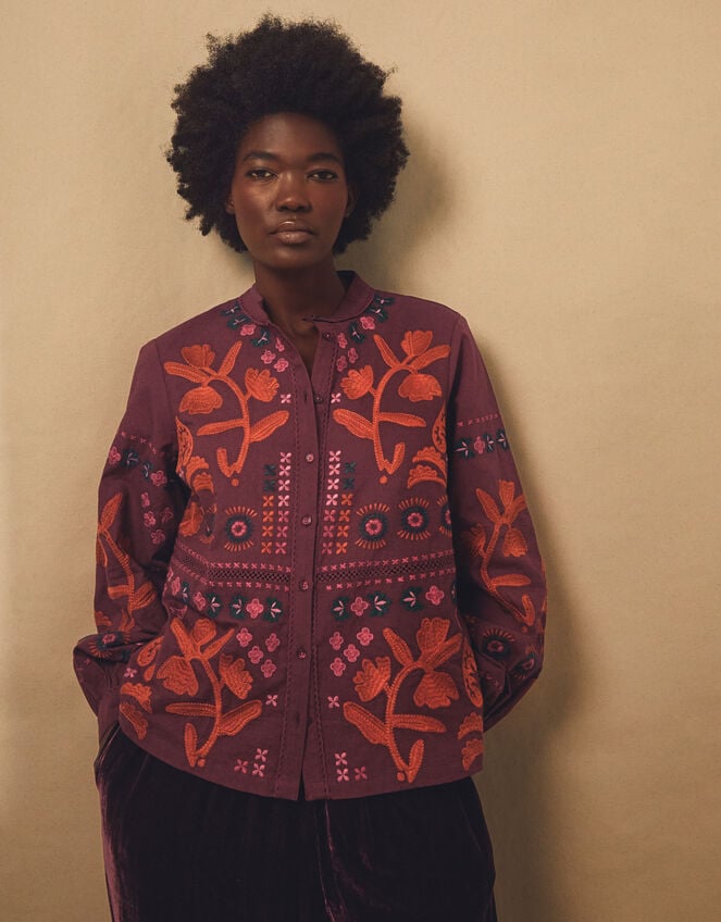 East Joseline Floral Embroidered Blouse, Red (BURGUNDY), large