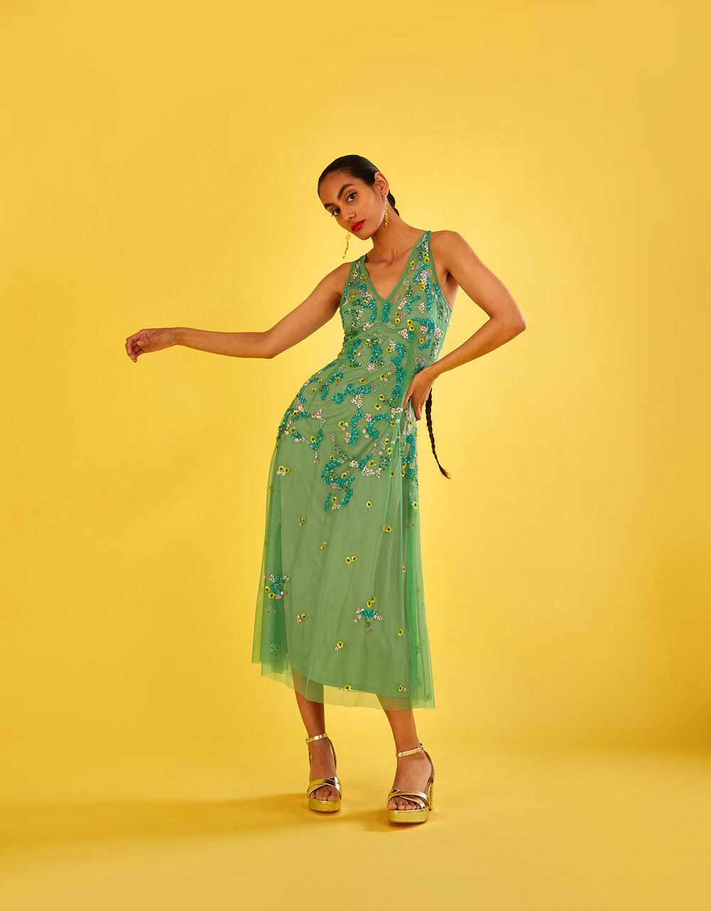 Women Dresses | Amanda Embellished Midi Dress in Recycled Polyester Green - UE57632