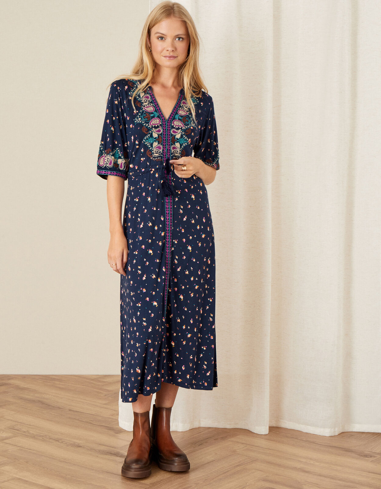 Embroidered Jersey Midi Dress Blue Work Dresses Monsoon UK
