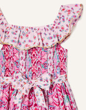 Aztec Shirred Frill Dress, Pink (PINK), large