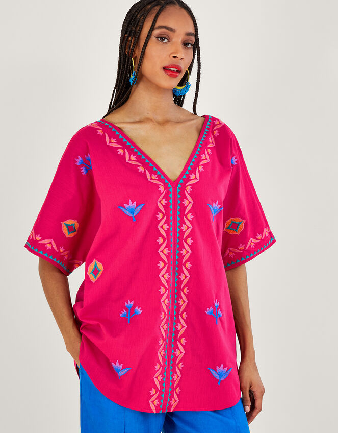 Drop Sleeve Embroidered Top, Pink (PINK), large