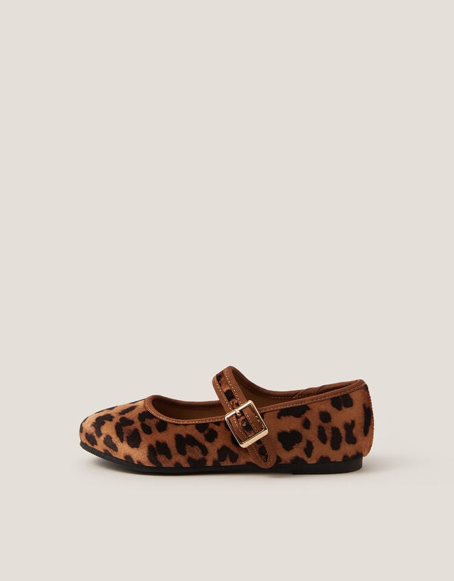 Leopard Print Strap Ballet Flats, Brown (BROWN), large