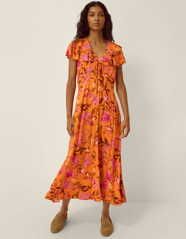 Leila Floral Print Midi Dress, Orange (ORANGE), large