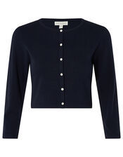 Mara Cropped Cardigan with Mock-Pearl Buttons, Blue (NAVY), large