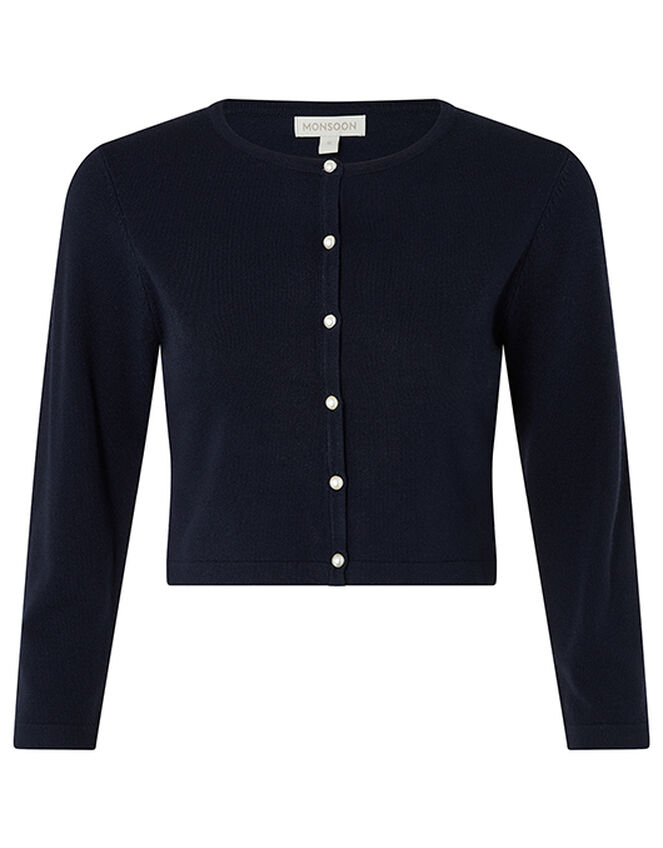 Mara Cropped Cardigan with Mock-Pearl Buttons, Blue (NAVY), large