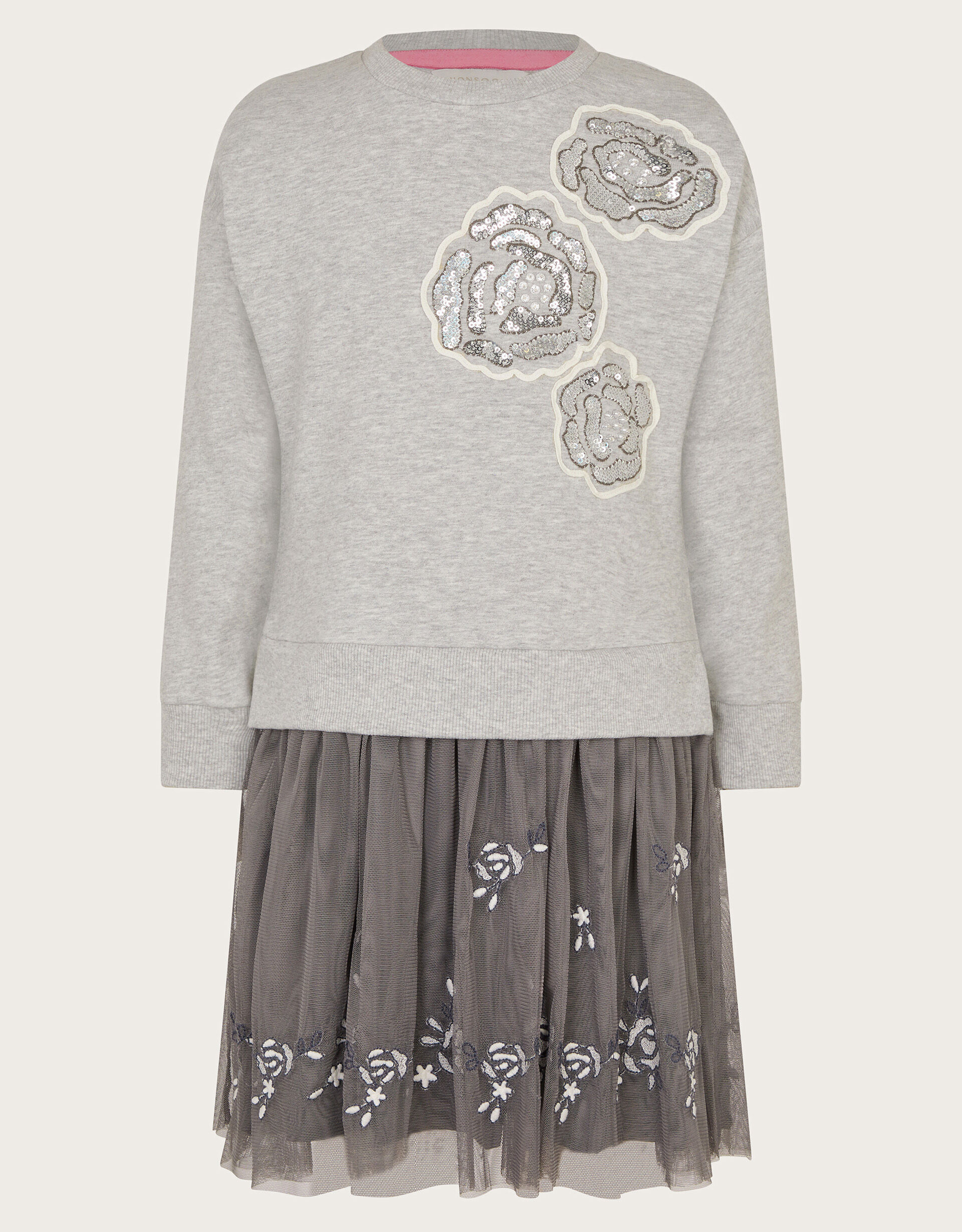 Rose Embellished 2 in 1 Sweatshirt Dress Grey