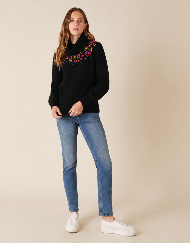 Floral Embroidered Yoke Knit Jumper, Black (BLACK), large