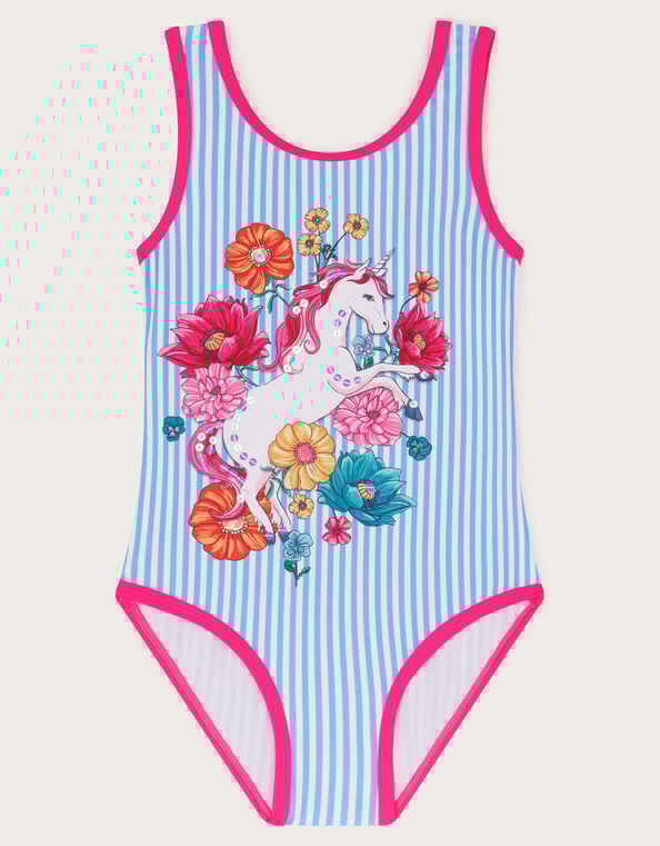 Unicorn Stripe Print Swimsuit, Blue (BLUE), large