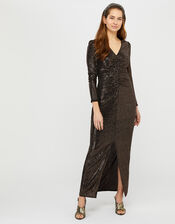 Rhiannon Ruched Glitter Maxi Dress, Bronze (BRONZE), large