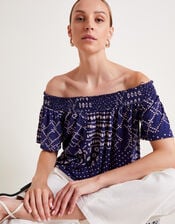 Cindy Print Bardot Top, Blue (BLUE), large