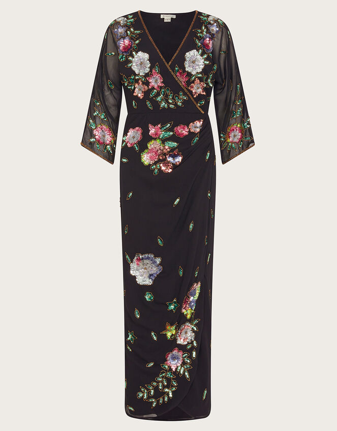 Josie Embroidered Wrap Dress, Black (BLACK), large