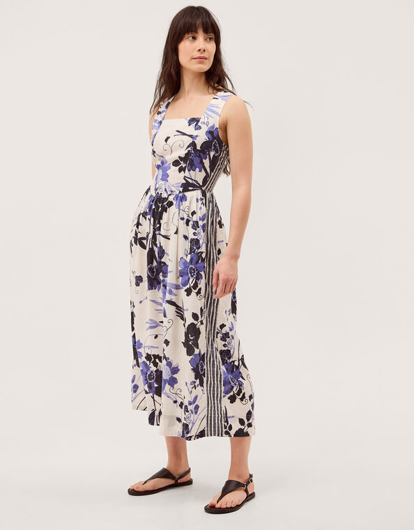 Nicolette Floral Linen Blend Midi Dress, Blue (BLUE), large