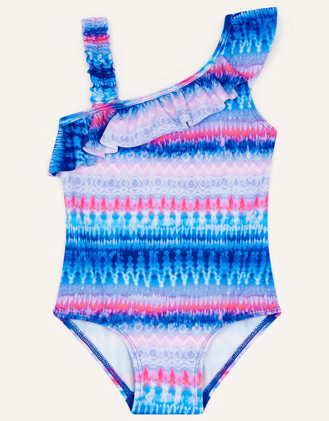 Ikat Stripe One Shoulder Swimsuit with Recycled Polyester, Blue (BLUE), large