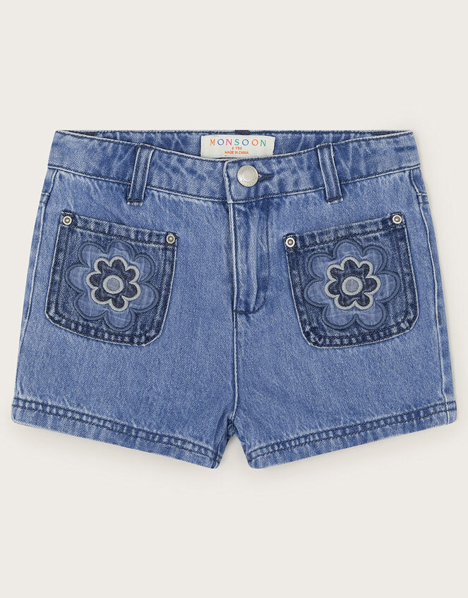 Flower Denim Shorts, Blue (BLUE), large