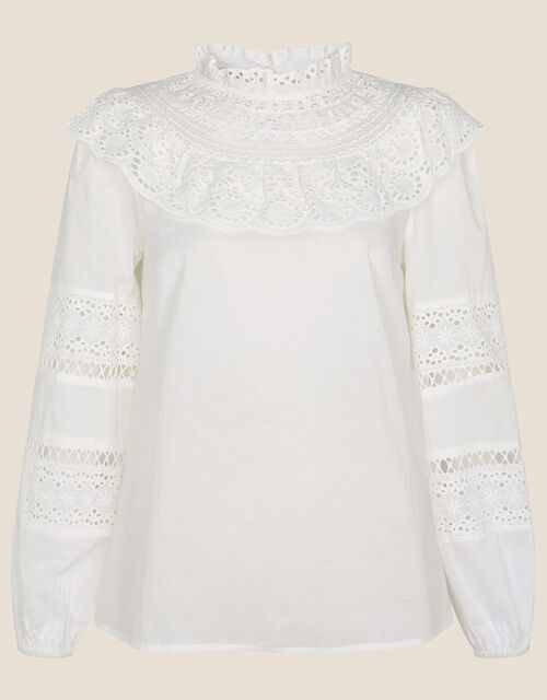 Bib Lace Long Sleeve Top in Sustainable Cotton, Ivory (IVORY), large