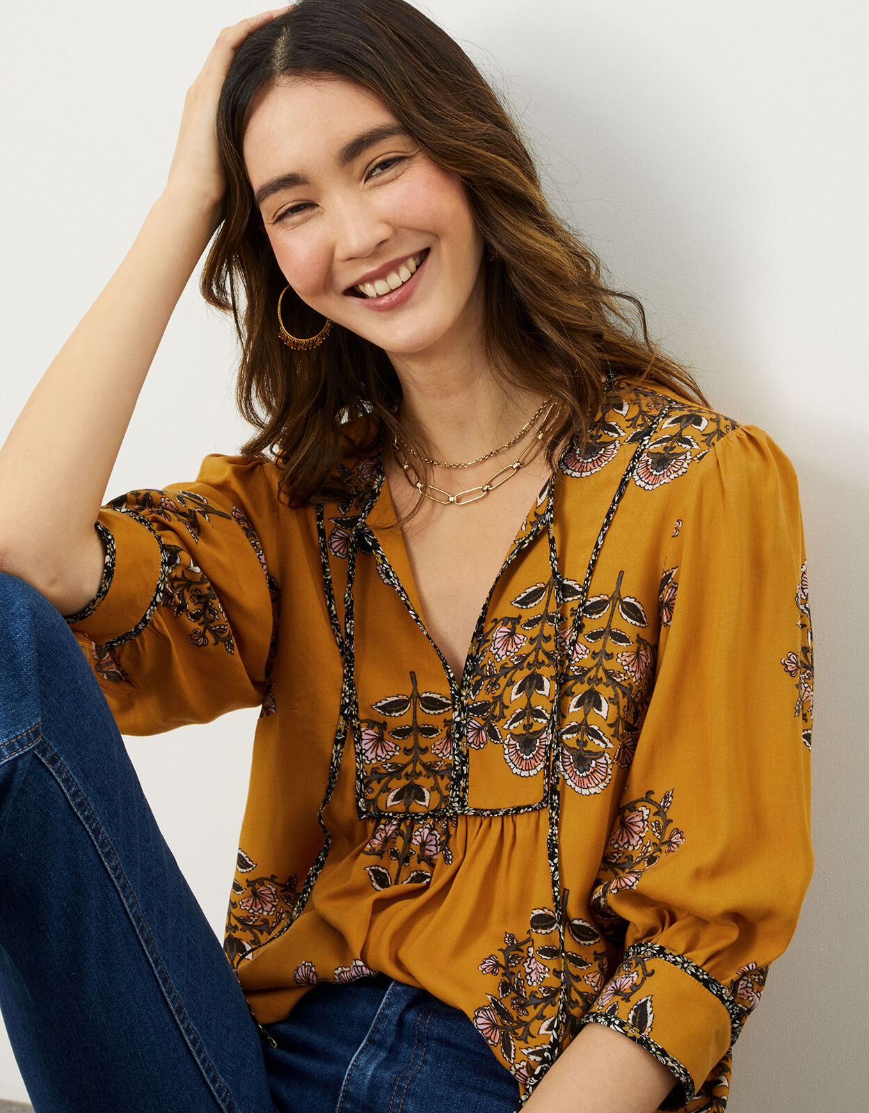 Floral Smock Crop Sleeve Blouse in LENZING ECOVERO Yellow Tops