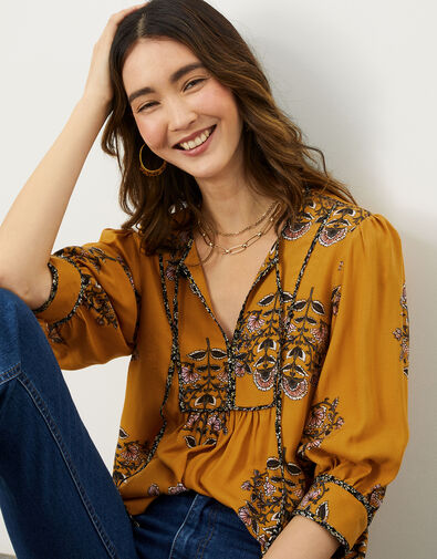 Floral Smock Crop Sleeve Blouse in LENZING™ ECOVERO™  Yellow, Yellow (OCHRE), large