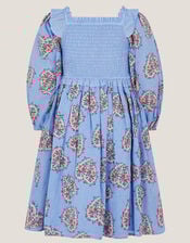 Floral Heart Long Sleeve Smocked Dress, Blue (BLUE), large