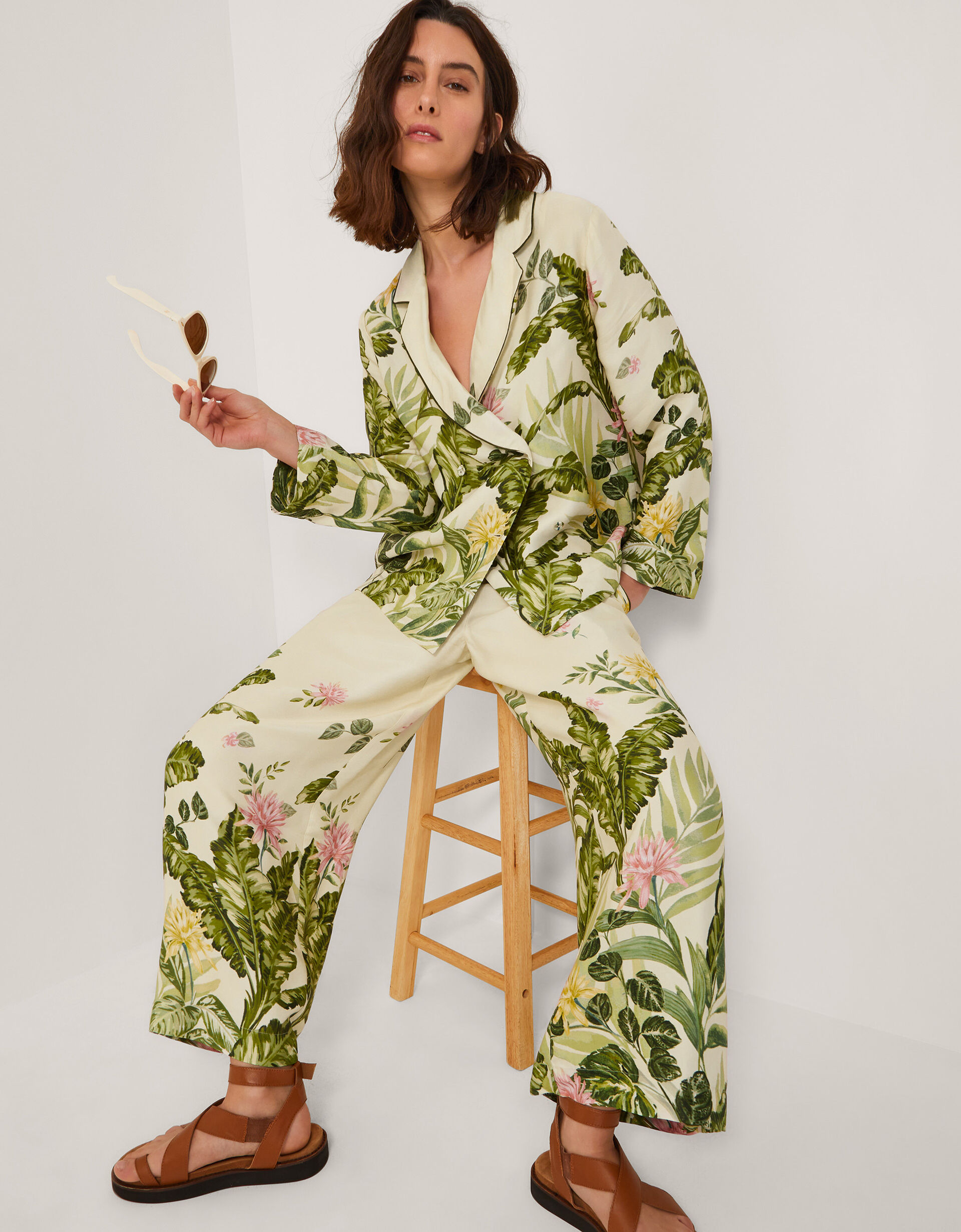 Fleur Floral Wide Leg Trousers Cream