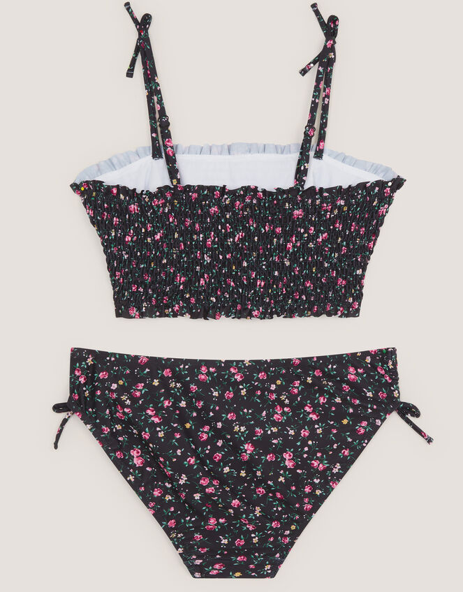Ditsy Floral Smocked Bikini Set, Black (BLACK), large