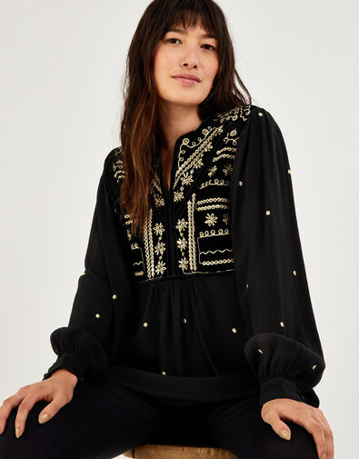 Hally Embroidered Velvet Trim Top with Sustainable Viscose  Black, Black (BLACK), large
