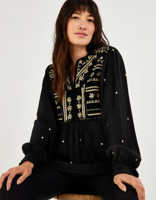 Hally Embroidered Velvet Trim Top with Sustainable Viscose , Black (BLACK), large