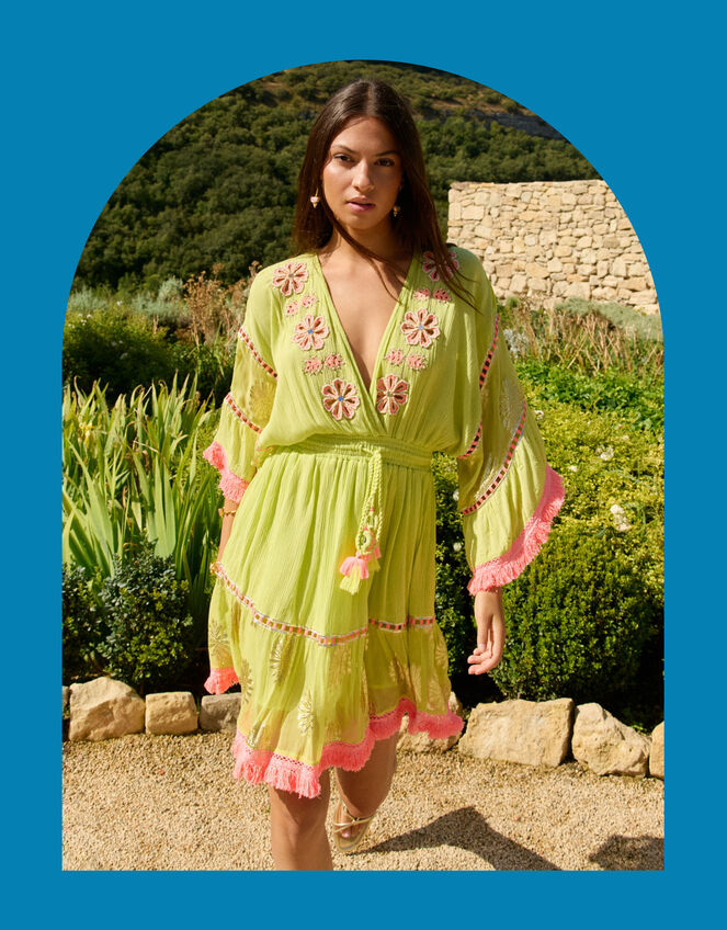 Piti Cuiti Floral Embroidered Mini Kaftan Dress, Green (LIME), large