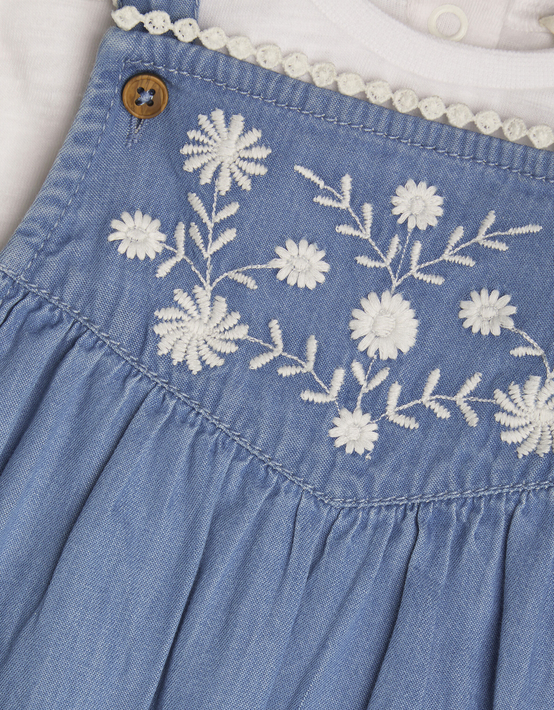 Girls Light Blue Cotton Embroidered Dungree