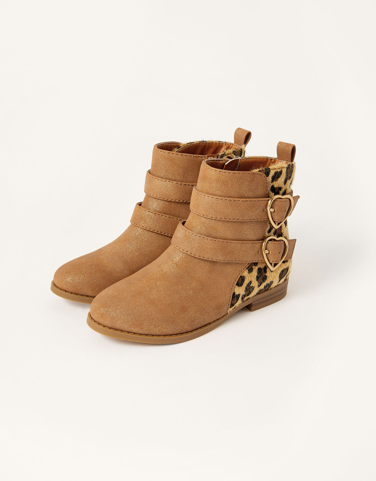Leopard Panel Heart Buckle Boots Tan